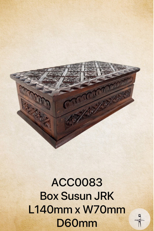 A brown wooden storage box with intricate carvings and a grid pattern on the lid