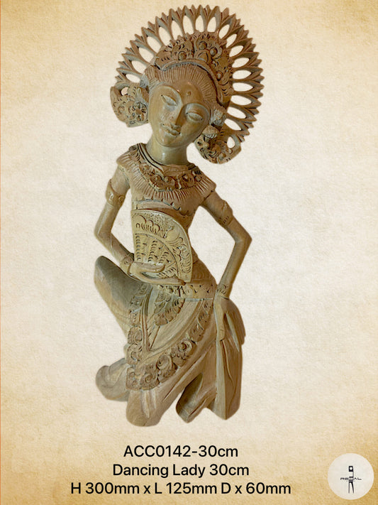 A sculpture of a woman in a dancing pose with a serene expression, dressed in a traditional outfit, primarily in green and neutral tones.