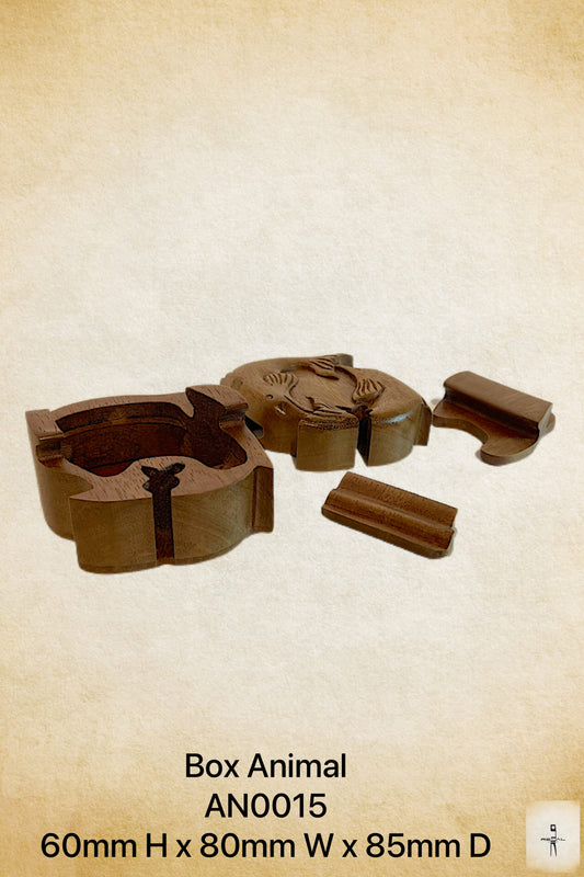 A brown wooden storage box designed to resemble an animal, specifically a horse, with visible signs of handcrafting such as joints and details.