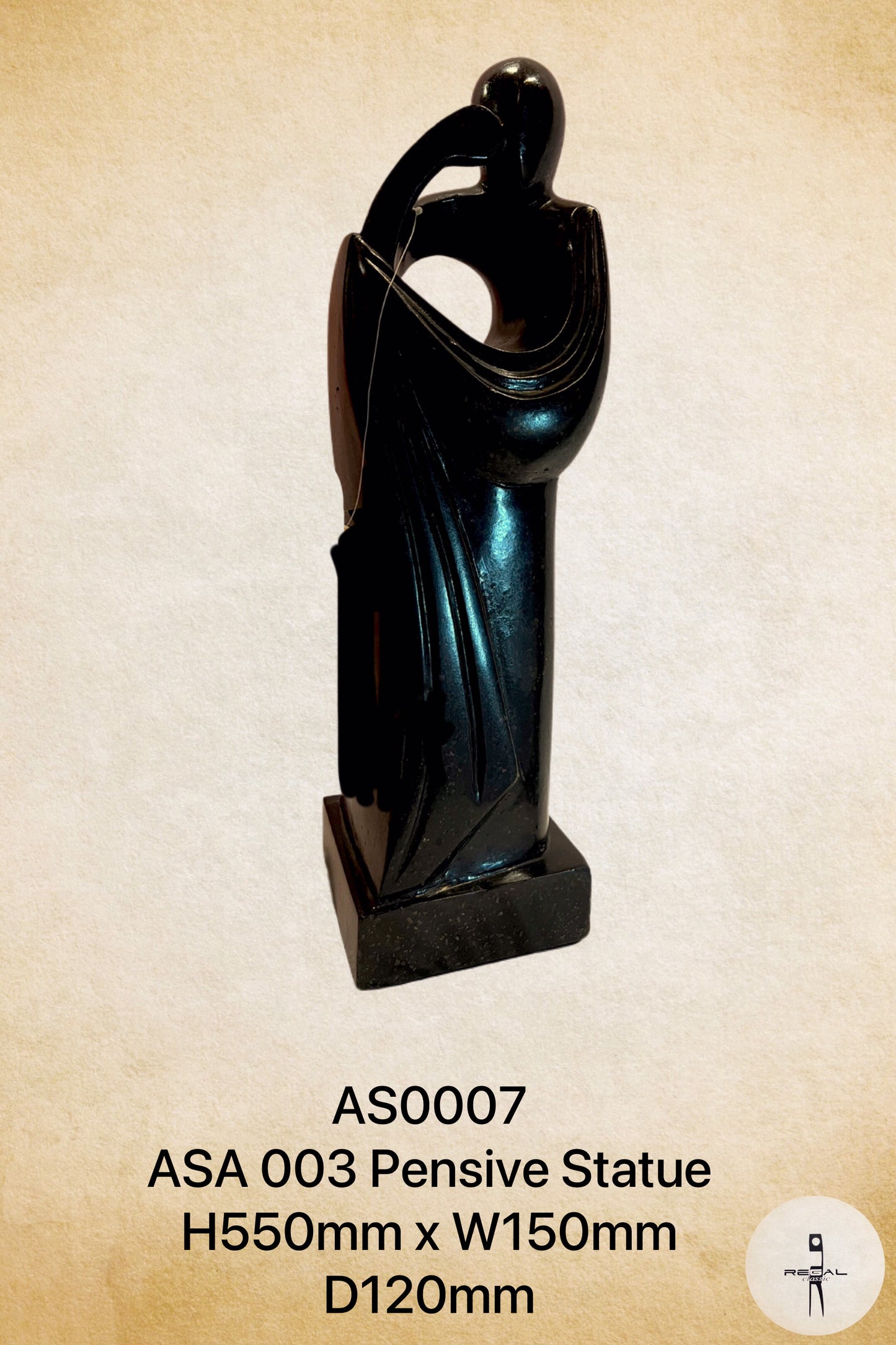 A black, abstract-style pensive statue with a pedestal.