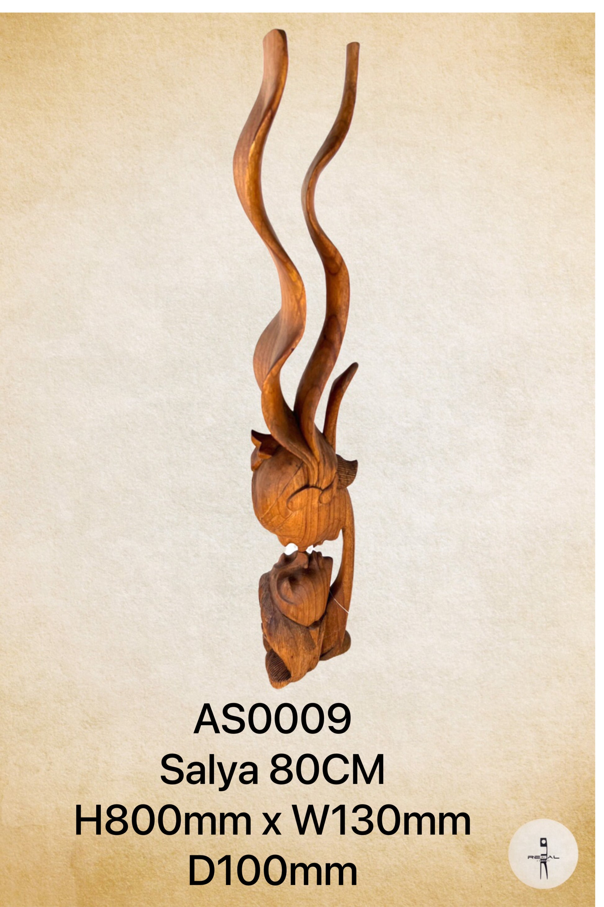 A wooden sculpture stylized with a flowing form