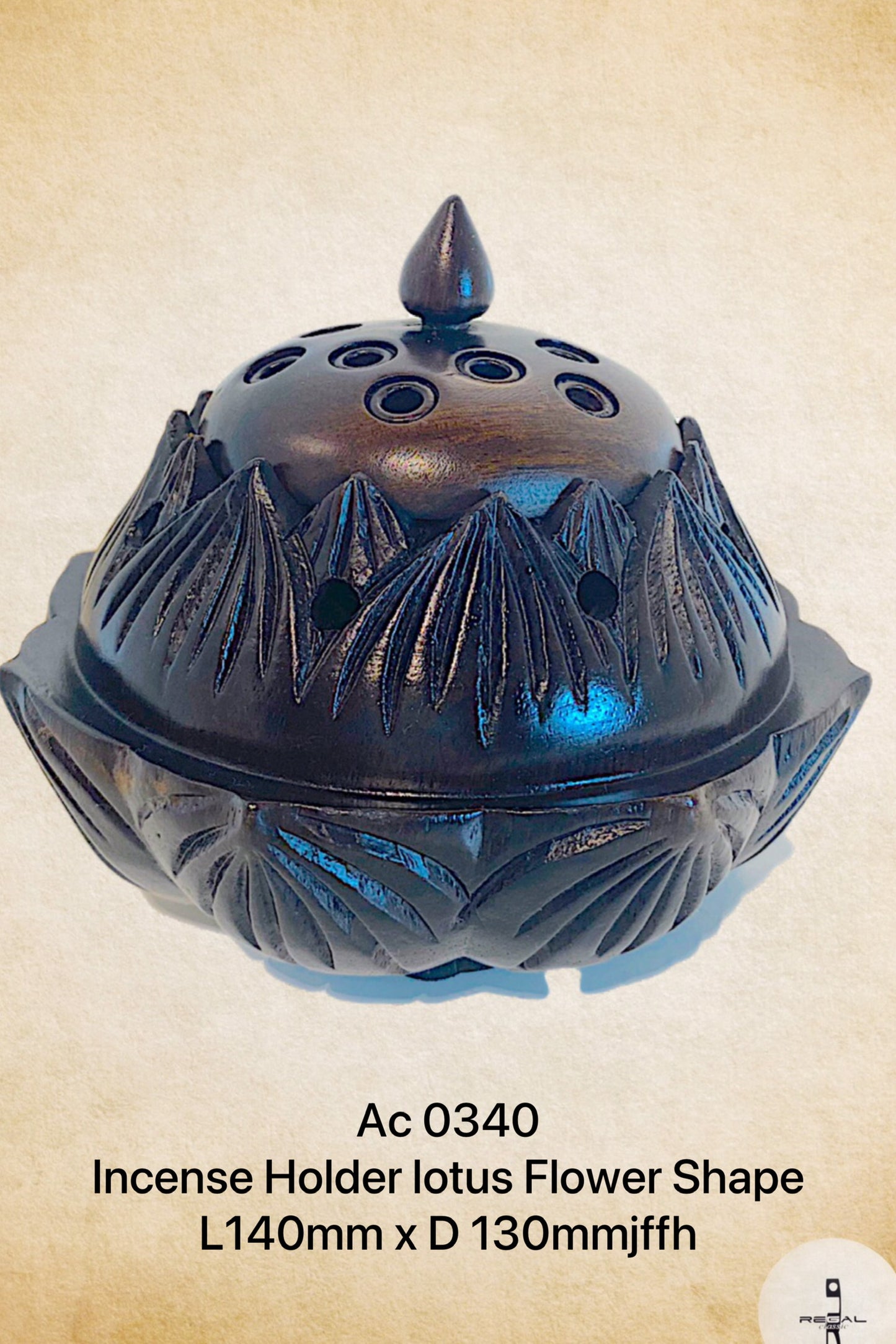 A brown ceramic incense holder with a lotus flower shape, featuring patterns resembling a lotus flower petals around the top edge.