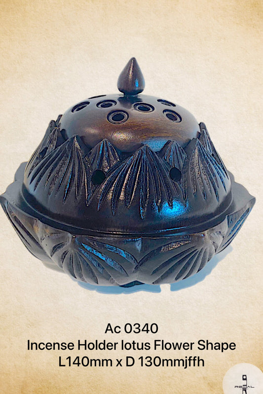 A brown ceramic incense holder with a lotus flower shape, featuring patterns resembling a lotus flower petals around the top edge.