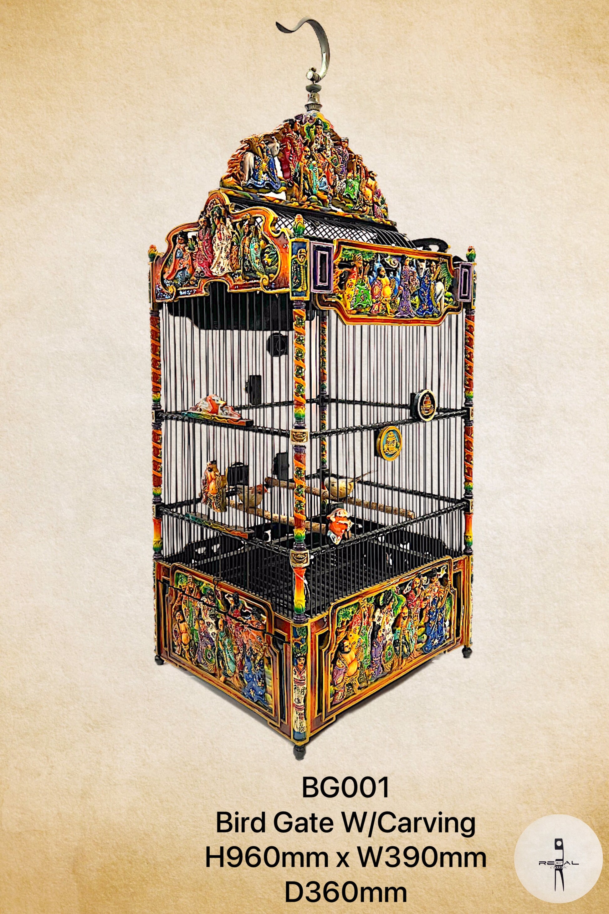 A colorful bird catch with carvings, featuring a cage and a decorative frame with cultural motifs.