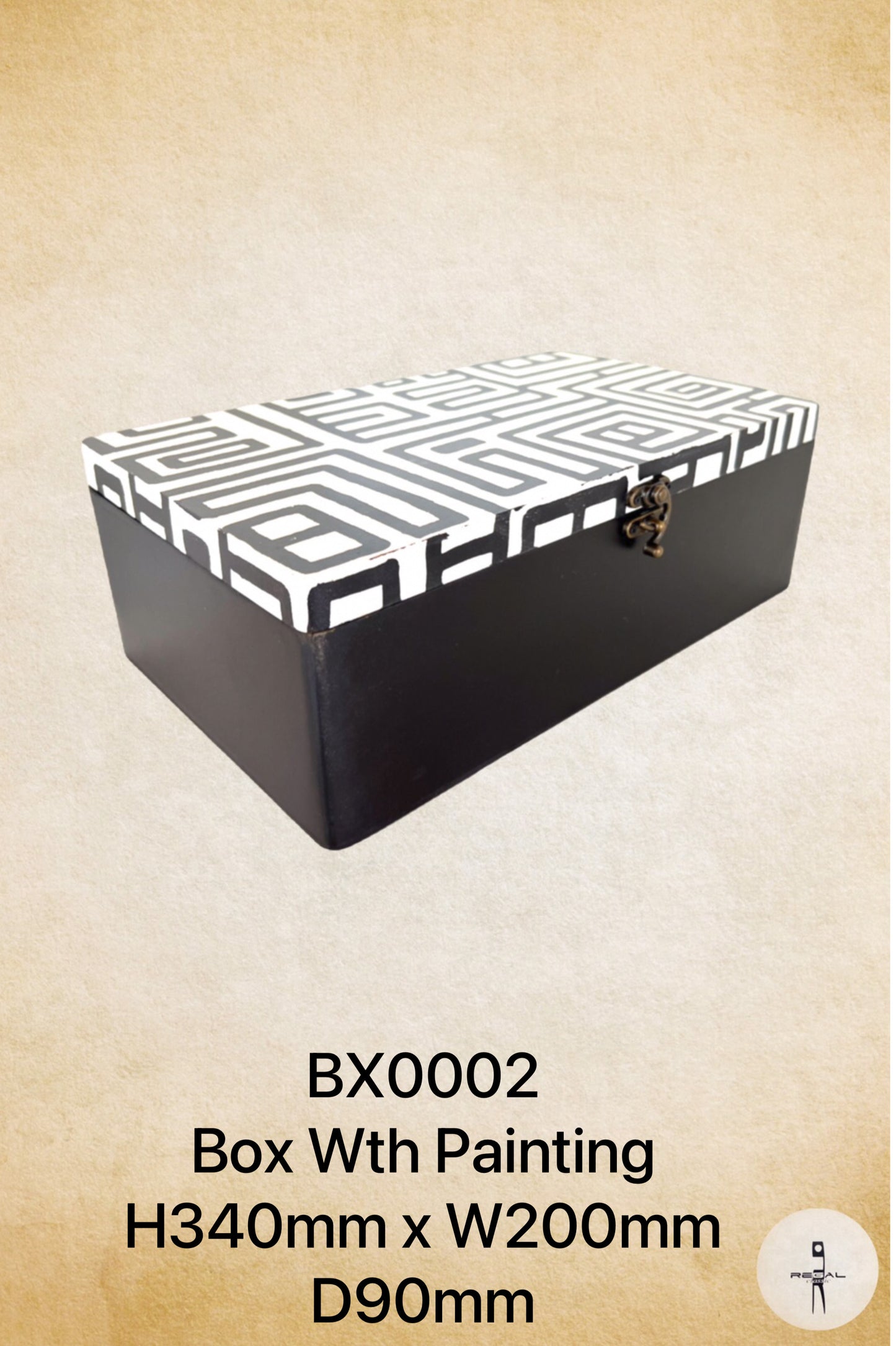 A black and white geometric patterned music box with a lid and a small handle on the side.