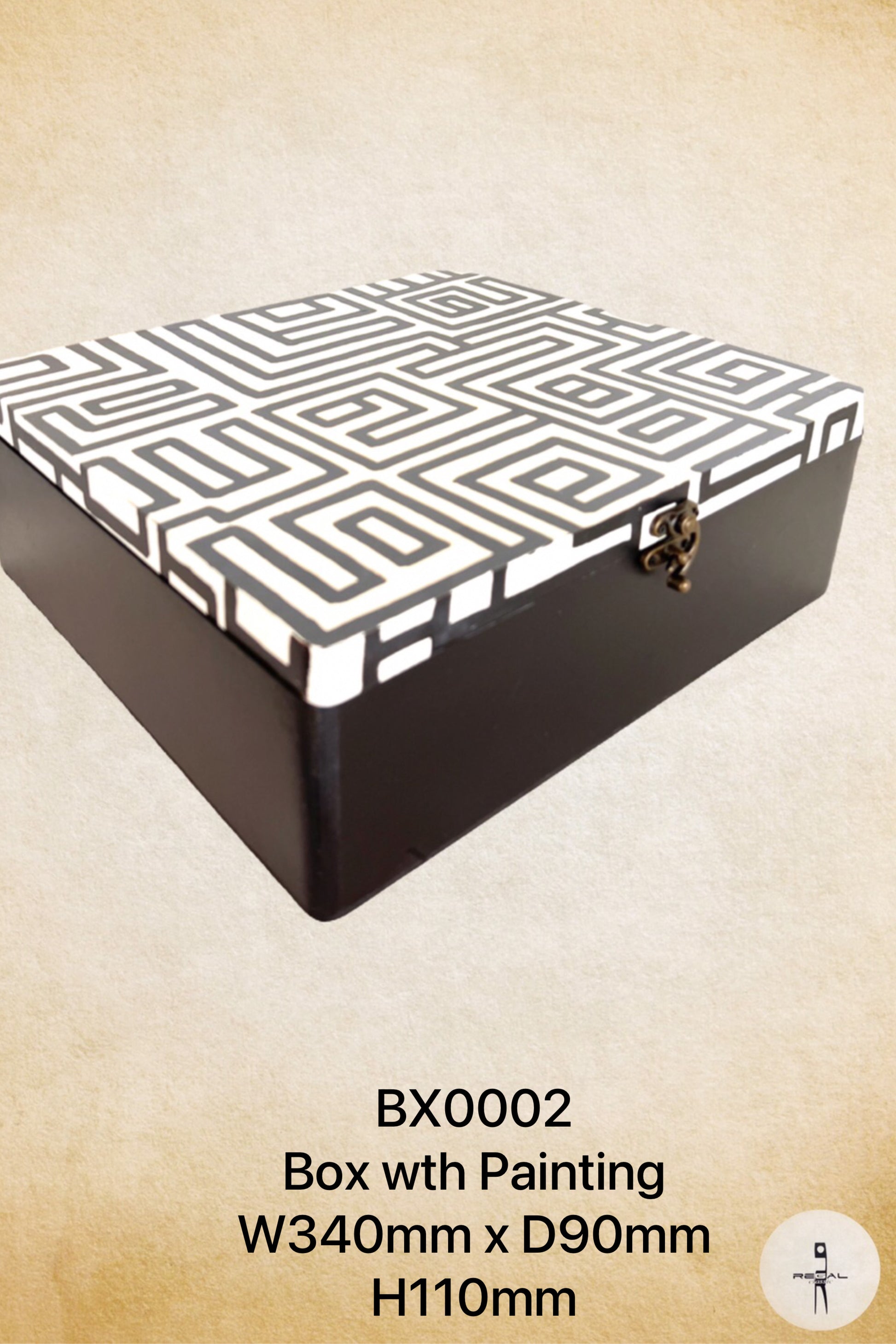 A black and white geometric patterned music box with a lid and a clasp.