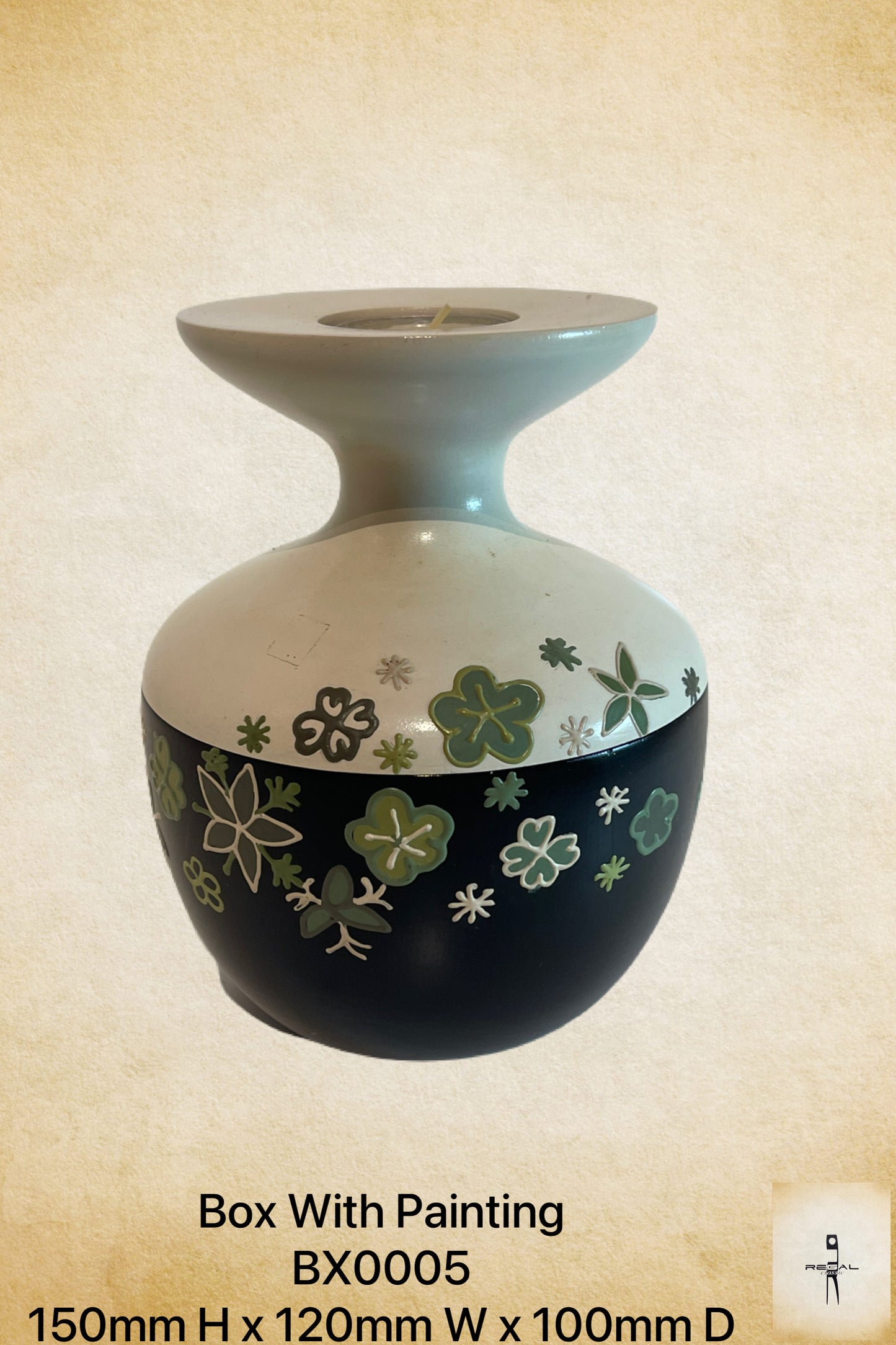 A decorative box with a floral painting in shades of green and black,used for home fragrance accessories.