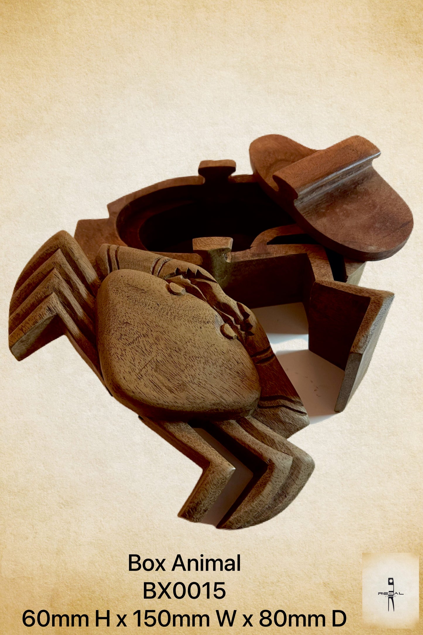 A brown wooden music box in the shape of a crab, with intricate details on its body and claws.