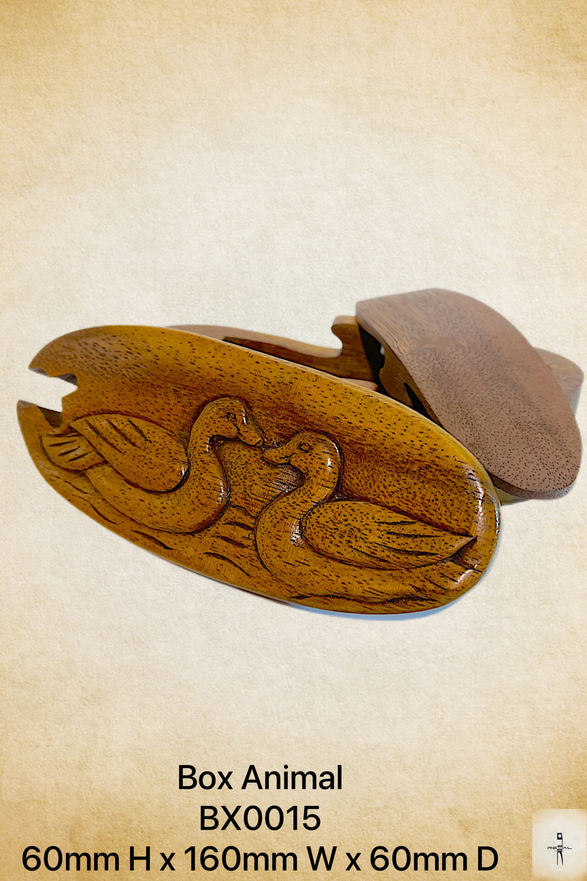 A brown storage box with a duck design on the lid.