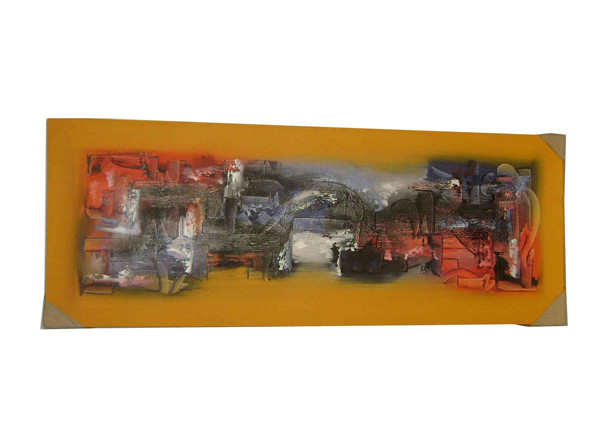 An abstract painting featuring a vibrant mix of red, blue, and yellow on a yellow background.