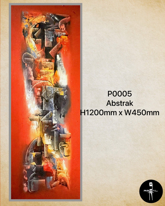 A vertical abstract painting with a dominant red background, featuring geometric and organic shapes in a mix of colors.