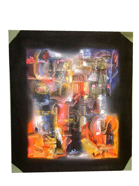 Intricate and vibrant abstract composition. The artwork employs a rich palette of colors and incorporates various geometric shapes and lines, creating a dynamic and multifaceted visual experience.