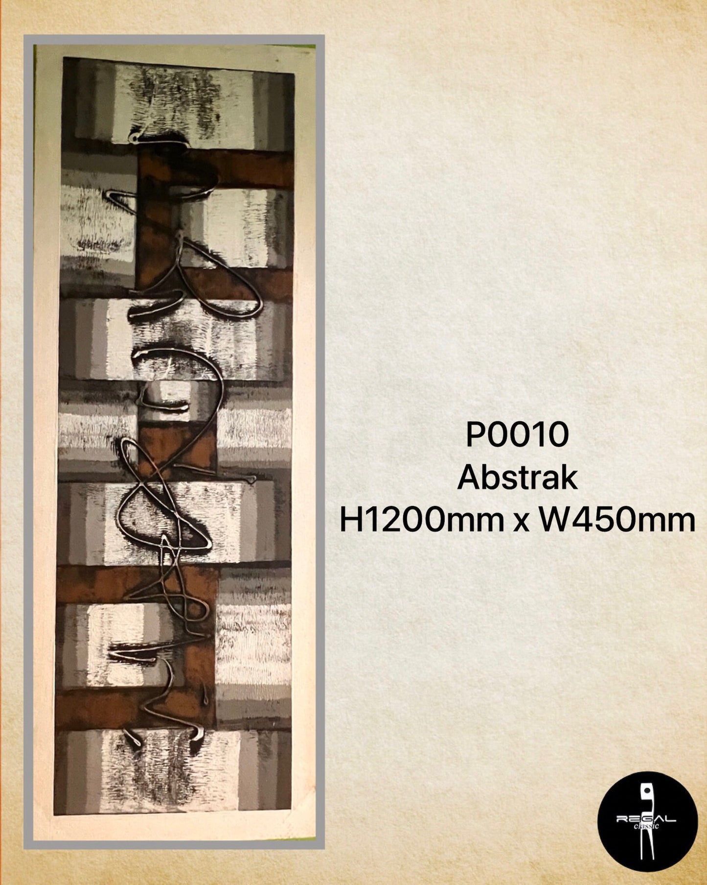 An abstract artwork with black, gray, white, and brown colors mounted on a wall.