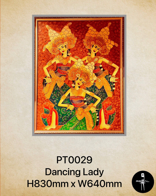 A colorful artwork titled 'Dancing Lady' with dimensions 830mm x 640mm, depicting a group of stylized, costumed figures dancing.