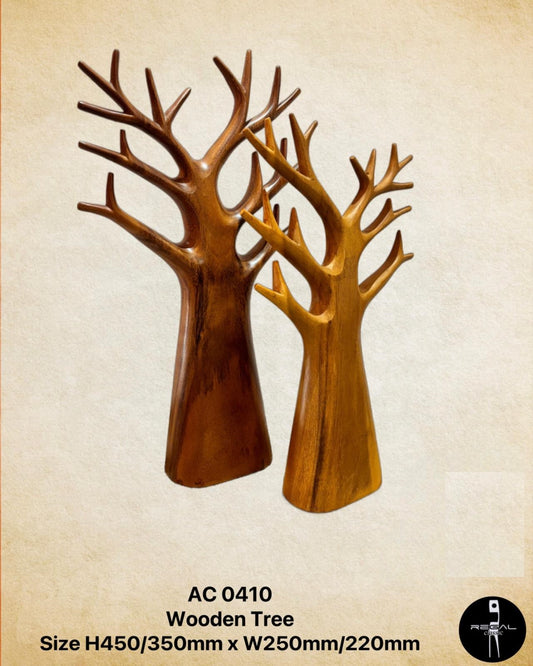 Two wooden tree sculptures with a rustic finish